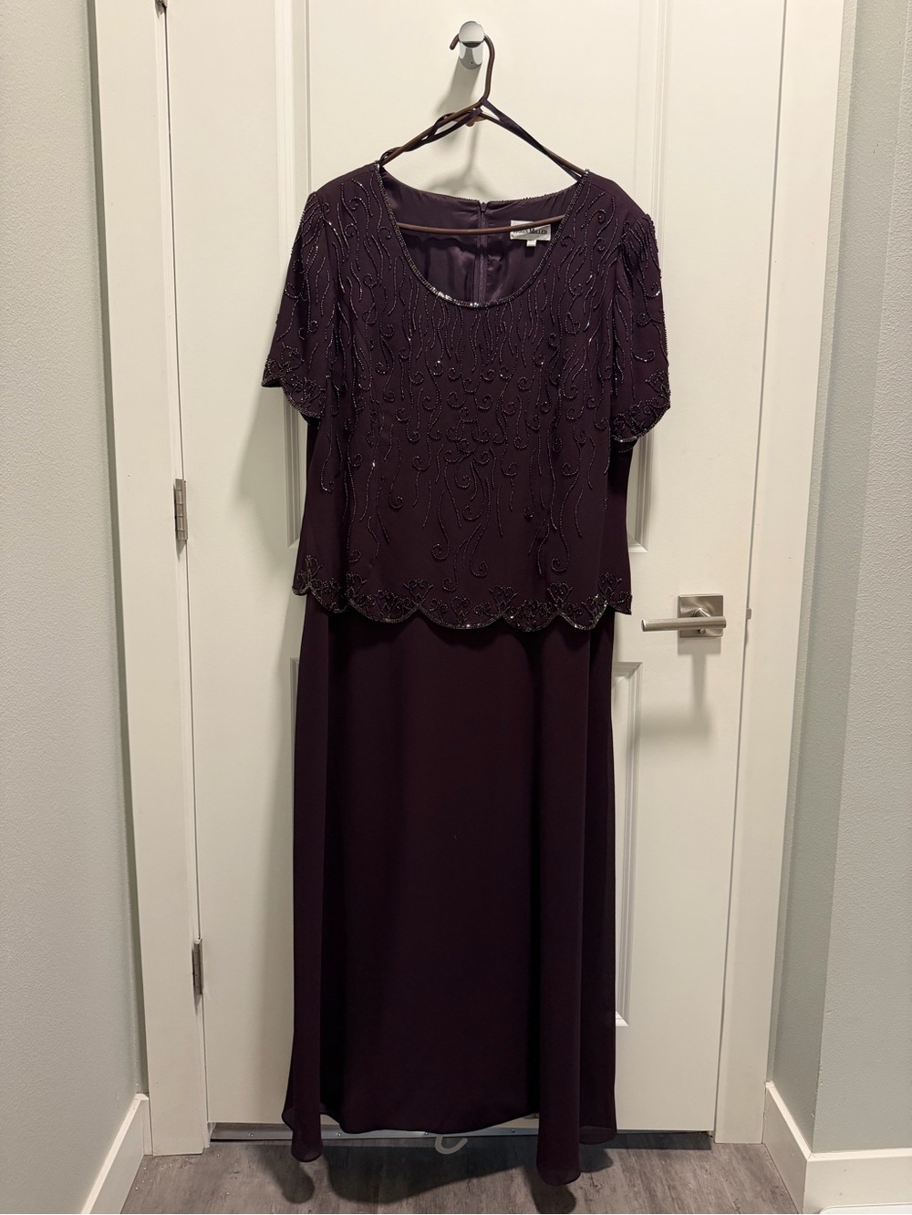 Embellished Long Sleeve Evening Gown in Plum